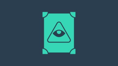 Turkuaz Eskiler 'in sihirli kitabı. İçinde simya tarifleri, mistik büyüler ve mavi arka planda izole edilmiş büyü simgeleri var. 4K Video hareketli grafik canlandırması