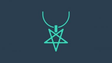 Mavi arka planda izole edilmiş kolye ikonu üzerindeki turkuaz pentagram. Sihirli okült yıldız sembolü. 4K Video hareketli grafik canlandırması