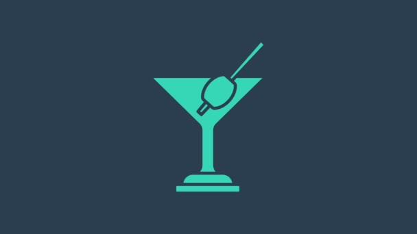 Turquoise Martini glass icon isolated on blue background. Cocktail icon. Wine glass icon. 4K Video motion graphic animation — Stock Video