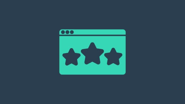 Tyrkysová Pět hvězd zákazník recenzi produktu ikona izolované na modrém pozadí. Oblíbené, nejlepší hodnocení, symbol ocenění. Grafická animace pohybu videa 4K — Stock video