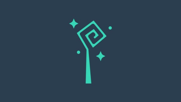 Icône magique turquoise isolée sur fond bleu. Baguette magique, sceptre, bâton, tige. Animation graphique de mouvement vidéo 4K — Video