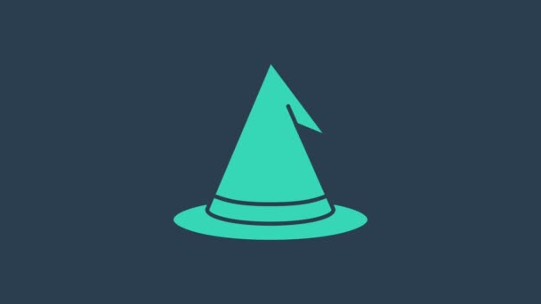 Tyrkysová ikona čarodějnice klobouk izolované na modrém pozadí. Šťastný Halloweenský večírek. Grafická animace pohybu videa 4K — Stock video