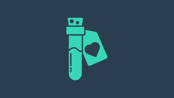 Γαλαζοπράσινο μπουκάλι με φίλτρο αγάπης εικονίδιο απομονώνονται σε μπλε φόντο. Σύμβολο του Αγίου Βαλεντίνου. 4K Γραφική κίνηση κίνησης βίντεο — Αρχείο Βίντεο