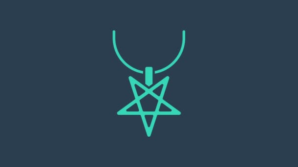 Turquoise Pentagram on necklace icon isolated on blue background. Magic occult star symbol. 4K Video motion graphic animation — Stock Video