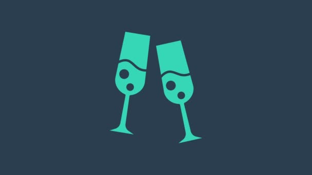 Türkis Glas Champagner Symbol isoliert auf blauem Hintergrund. Frohe Weihnachten und ein gutes neues Jahr. 4K Video Motion Grafik Animation — Stockvideo