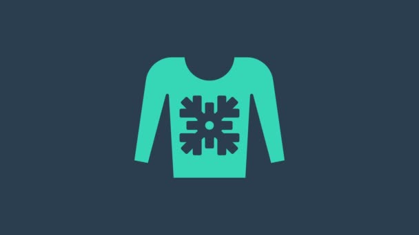 Бирюзовый рождественский свитер с норвежскими орнаментами и иконкой праздничных украшений изолирован на синем фоне. Вязаный зимний прыгун. Видеографическая анимация 4K — стоковое видео