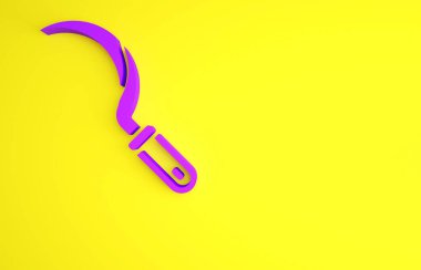 Sarı arkaplanda Mor Orak simgesi izole edildi. Kanca işaretini topluyorum. Minimalizm kavramı. 3d illüstrasyon 3B canlandırma