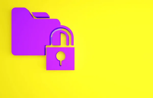 Purple Folder και κλειδαριά εικονίδιο απομονώνονται σε κίτρινο φόντο. Κλειστός φάκελος και λουκέτο. Ασφάλεια, ασφάλεια, έννοια προστασίας. Μινιμαλιστική έννοια. 3d απεικόνιση 3D καθιστούν — Φωτογραφία Αρχείου