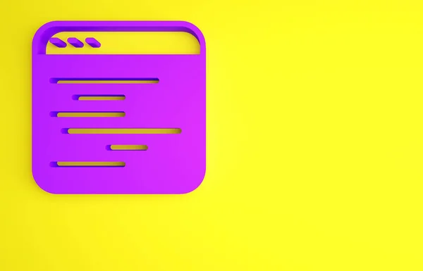 Purple Software, web developer programming code icon isolated on yellow background. Javascript computer script random parts of program code. Minimalism concept. 3d illustration 3D render