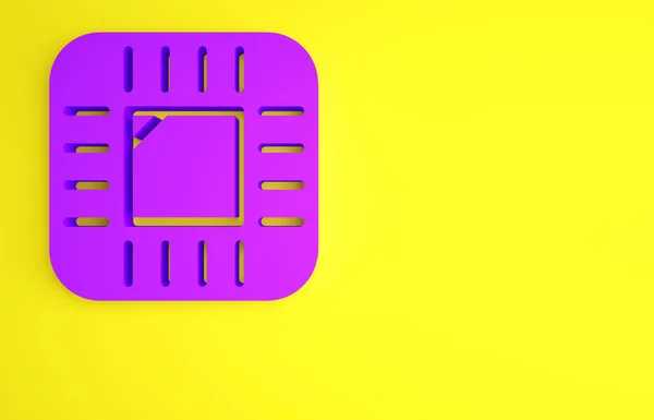 紫色计算机处理器,带有微电路CPU图标,在黄色背景上隔离.芯片或cpu与电路板。微处理器。最低纲领的概念。3D渲染3D插图 — 图库照片