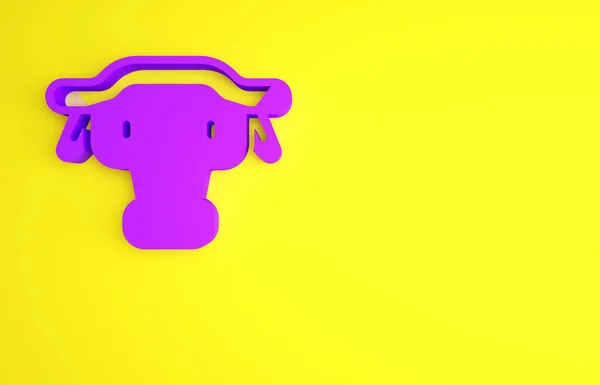 Icône de tête de buffle africaine violette isolée sur fond jaune. Mascotte, animal africain de savane. Boeuf sauvage, carabao ou taureau bison avec cornes fusionnées. Concept de minimalisme. Illustration 3D rendu 3D — Photo