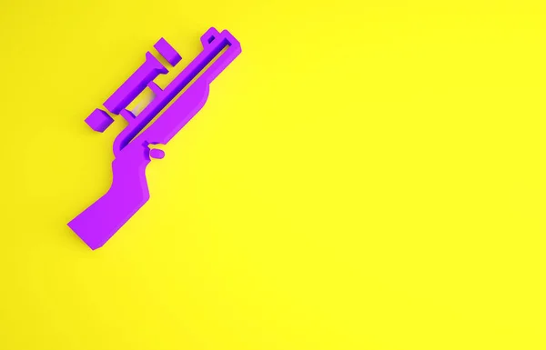 Fioletowy karabin snajperski z ikoną lunety na żółtym tle. Koncepcja minimalizmu. Ilustracja 3D 3D renderowania — Zdjęcie stockowe