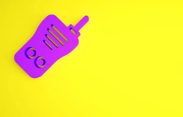 퍼플 월키 토키 아이콘은 노란 배경에서 분리되었습니다. 휴대 가능 한 무선 송신기 아이콘. 무선 수신기 신호. 미니멀리즘의 개념입니다. 3d 삽화 3D 렌더링 — 스톡 사진