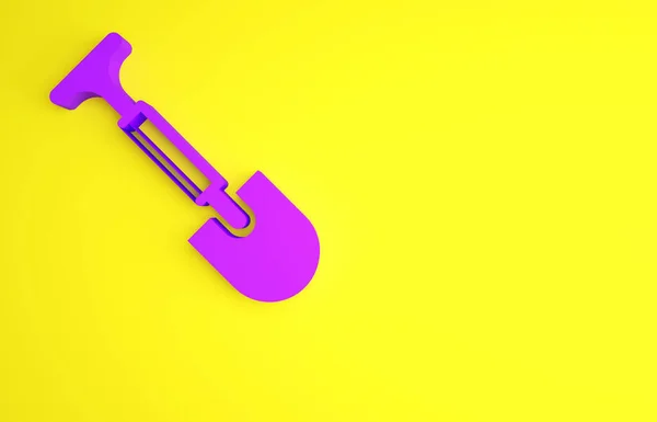 黄色の背景に隔離された紫色のシャベルアイコン。園芸用具。園芸、農業、農業のためのツール。最小限の概念。3Dイラスト3Dレンダリング — ストック写真