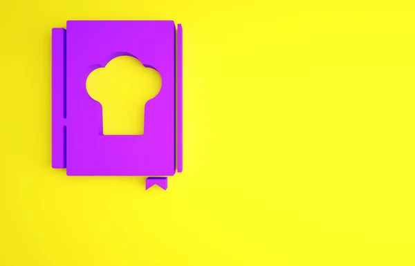 Icono Libro de cocina púrpura aislado sobre fondo amarillo. Icono de libro de cocina. Libro de recetas. Iconos de tenedor y cuchillo. Símbolo de cubertería. Concepto minimalista. 3D ilustración 3D render — Foto de Stock