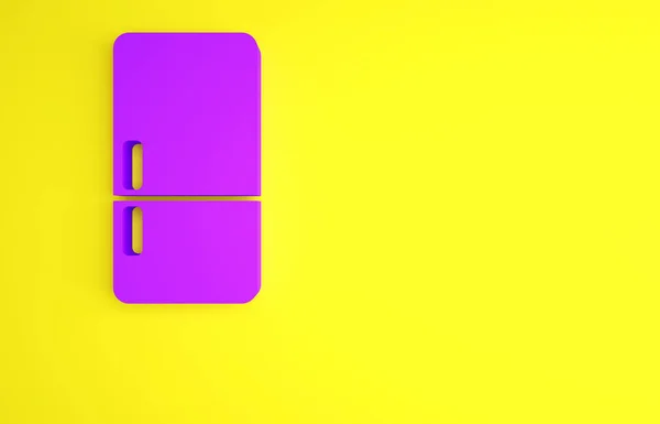 Ícone de geladeira roxo isolado no fundo amarelo. Frigorífico congelador geladeira. Tecnologia doméstica e electrodomésticos. Conceito de minimalismo. 3D ilustração 3D render — Fotografia de Stock