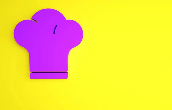 Chef púrpura sombrero icono aislado sobre fondo amarillo. Símbolo de cocina. Sombrero de cocina. Concepto minimalista. 3D ilustración 3D render —  Fotos de Stock