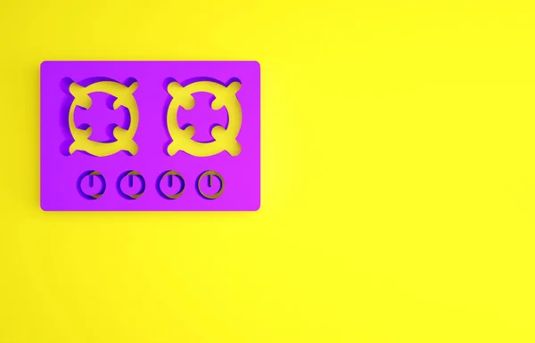 노란색 배경에서 분리 된 보라색 가스 스토브 아이콘. 용수철 표시. 원형 버너 4 개달린 돼지. 미니멀리즘의 개념입니다. 3d 삽화 3D 렌더링 — 스톡 사진