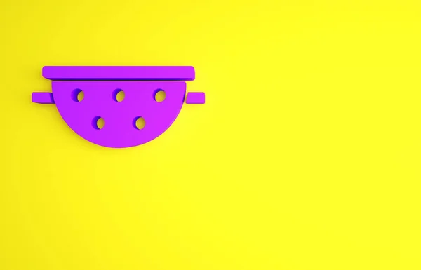 Purple Kitchen Colander icon izolat pe fundal galben. Ustensil de gătit. Semn de tacâmuri. Conceptul de minimalism. 3d ilustrație 3D render — Fotografie, imagine de stoc