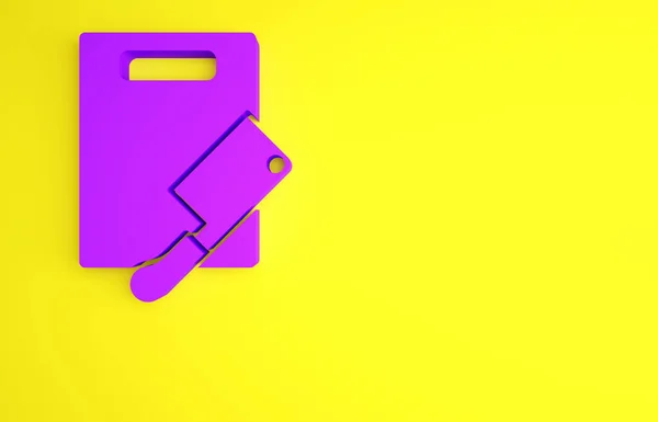 黄色の背景に隔離された紫のカッティングボードと肉チョッパーのアイコン。肉屋のナイフだ。ボードのシンボルをチョッピング。最小限の概念。3Dイラスト3Dレンダリング — ストック写真