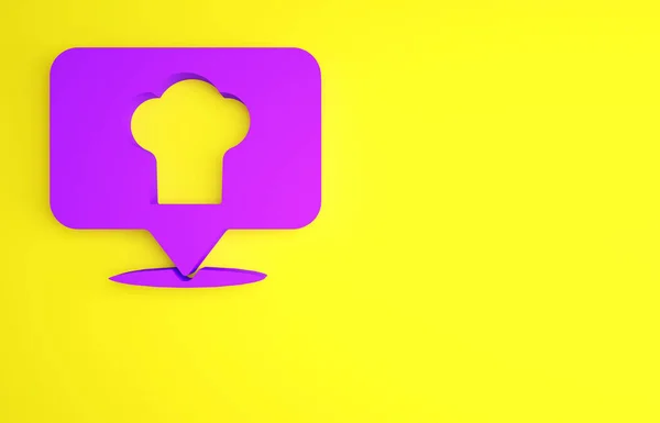Sombrero Chef Púrpura con icono de ubicación aislado sobre fondo amarillo. Símbolo de cocina. Sombrero de cocina. Concepto minimalista. 3D ilustración 3D render — Foto de Stock