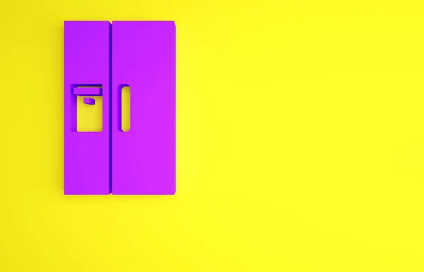 Icona del frigorifero viola isolata su sfondo giallo. Frigorifero con congelatore. Tecnologie ed elettrodomestici. Concetto minimalista. Illustrazione 3d rendering 3D — Foto Stock