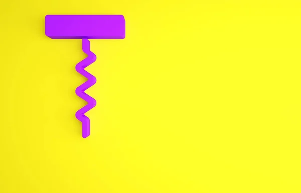 黄色の背景に隔離された紫色のワインのコルクねじアイコン。最小限の概念。3Dイラスト3Dレンダリング — ストック写真
