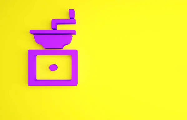 보라색 수동 커피 분쇄기 아이콘은 노란색 배경에 분리되어 있습니다. 미니멀리즘의 개념입니다. 3d 삽화 3D 렌더링 — 스톡 사진