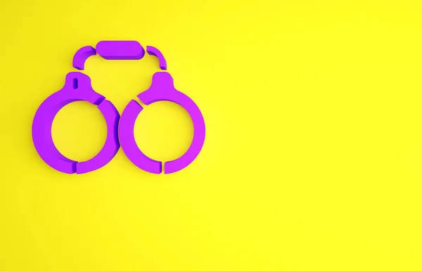 Lila Handschellen Symbol isoliert auf gelbem Hintergrund. Minimalismus-Konzept. 3D Illustration 3D Renderer — Stockfoto