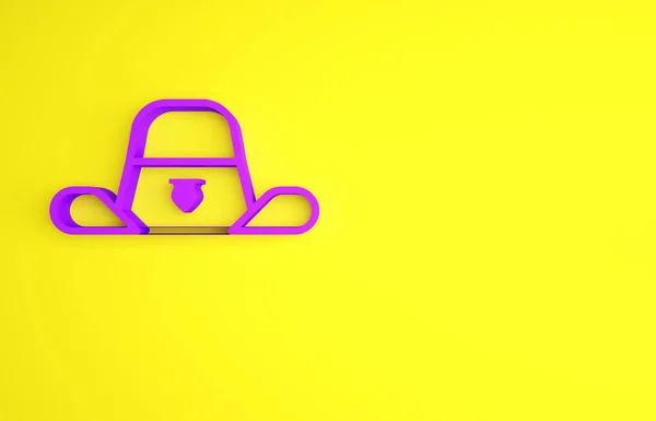 Μωβ καπέλο σερίφη με σήμα εικόνα απομονώνονται σε κίτρινο φόντο. Μινιμαλιστική έννοια. 3d απεικόνιση 3D καθιστούν — Φωτογραφία Αρχείου