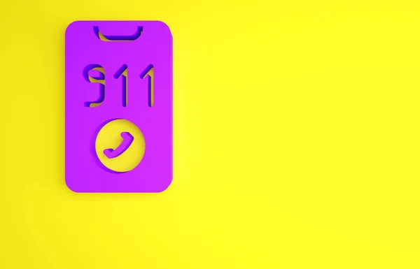 Purple Telephone with emergency call 911 icon isolated on yellow background. Police, ambulance, fire department, call, phone. Minimalism concept. 3d illustration 3D render