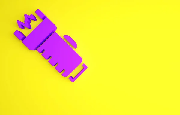 Фиолетовый значок полицейского электрошокера выделен на желтом фоне. Шок для защиты. Электрошокер это электрическое оружие. Концепция минимализма. 3D-рендеринг — стоковое фото