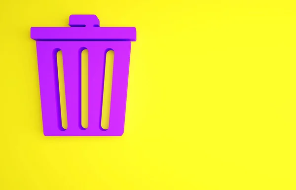Ícone de lata de lixo roxo isolado no fundo amarelo. Sinal de lixeira. Ícone da cesta de reciclagem. Ícone de lixo do escritório. Conceito de minimalismo. 3D ilustração 3D render — Fotografia de Stock