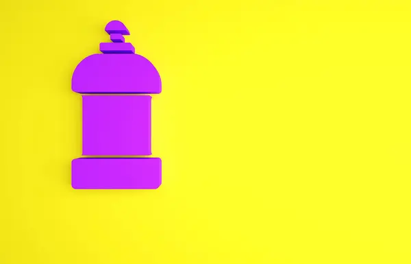 Фіолетова пластикова пляшка для прального порошку, відбілювач, рідина для посуду або інший значок засобу для чищення ізольовані на жовтому тлі. Концепція мінімалізму. 3D ілюстрація 3D рендеринга — стокове фото
