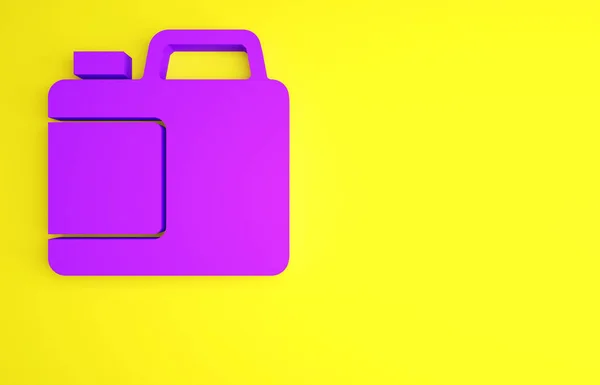 洗濯洗剤、漂白剤、食器洗浄液、または黄色の背景に隔離された別の洗浄剤アイコンのための紫色のプラスチックボトル。最小限の概念。3Dイラスト3Dレンダリング — ストック写真