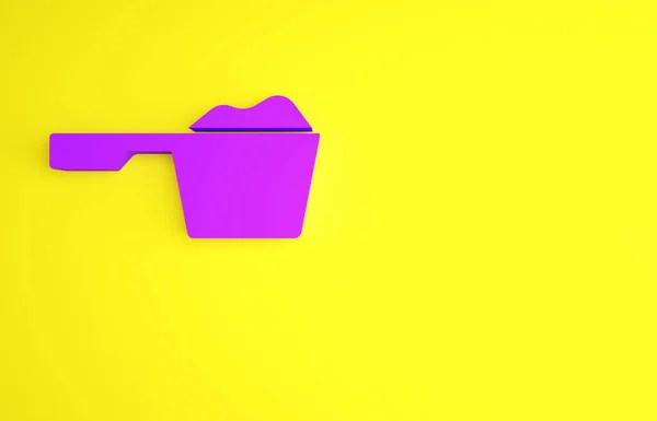 Фиолетовый стиральный порошок в чашке, выделенный на желтом фоне. Концепция минимализма. 3D-рендеринг — стоковое фото
