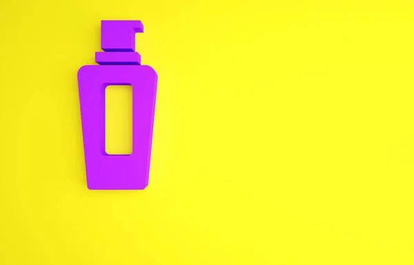 Μωβ μπουκάλι σαμπουάν εικονίδιο απομονώνονται σε κίτρινο φόντο. Μινιμαλιστική έννοια. 3d απεικόνιση 3D καθιστούν — Φωτογραφία Αρχείου