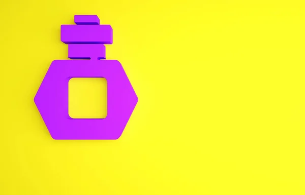 Ícone de perfume roxo isolado no fundo amarelo. Conceito de minimalismo. 3D ilustração 3D render — Fotografia de Stock