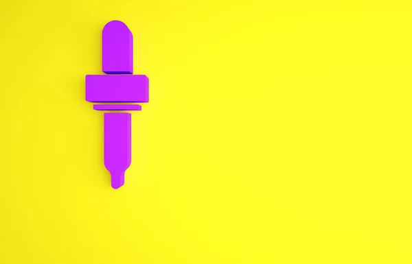 Icône Pipette violette isolée sur fond jaune. Élément d'équipement médical, cosmétique, de laboratoire de chimie. Concept de minimalisme. Illustration 3D rendu 3D — Photo