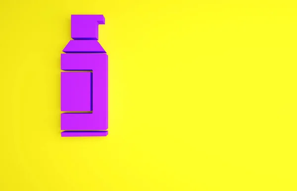 Pulverizador roxo pode para hairspray, desodorizante, ícone antitranspirante isolado no fundo amarelo. Conceito de minimalismo. 3D ilustração 3D render — Fotografia de Stock