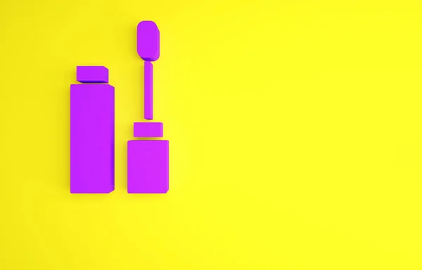 Fioletowa ikona szczotki do rzęs odizolowana na żółtym tle. Koncepcja minimalizmu. Ilustracja 3D 3D renderowania — Zdjęcie stockowe