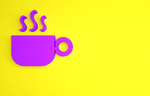 Icono de taza de café púrpura aislado sobre fondo amarillo. Taza de té. Café caliente. Concepto minimalista. 3D ilustración 3D render — Foto de Stock