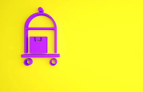 Фиолетовый картонный чемодан с иконой чемодана на желтом фоне. Путешествую по багажному знаку. Значок дорожного багажа. Концепция минимализма. 3D-рендеринг — стоковое фото