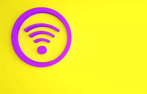 Mor Wi-Fi kablosuz internet ağı sembolü sarı arkaplanda izole edilmiş. Minimalizm kavramı. 3d illüstrasyon 3B canlandırma — Stok fotoğraf