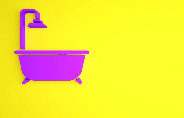 Bañera púrpura con icono de la ducha aislada sobre fondo amarillo. Concepto minimalista. 3D ilustración 3D render —  Fotos de Stock