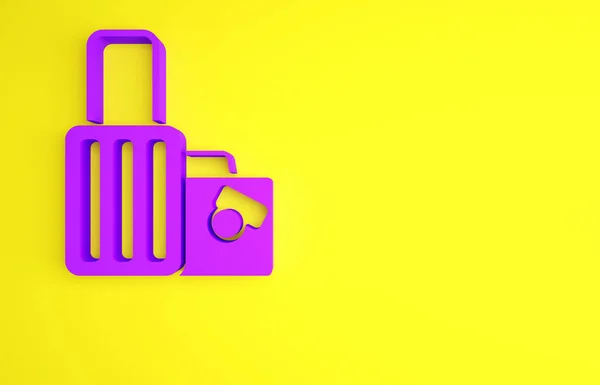 Purple Suitcase voor reisicoon geïsoleerd op gele achtergrond. Reisbagagebord. Reisbagage icoon. Minimalisme concept. 3d illustratie 3D renderen — Stockfoto