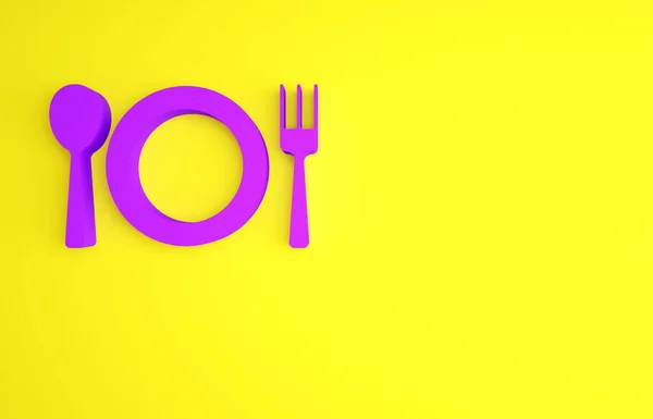 黄色の背景に隔離された紫のプレート、フォーク、ナイフアイコン。かわいいシンボル。レストランの看板。最小限の概念。3Dイラスト3Dレンダリング — ストック写真