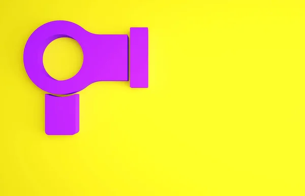 Icona asciugacapelli viola isolata su sfondo giallo. Asciugacapelli segno. Simbolo di asciugatura. Soffia aria calda. Concetto minimalista. Illustrazione 3d rendering 3D — Foto Stock