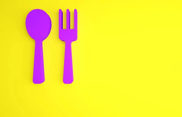 Ícone de garfo e colher roxo isolado no fundo amarelo. Utensílio de cozinha. Sinal de talheres. Conceito de minimalismo. 3D ilustração 3D render — Fotografia de Stock