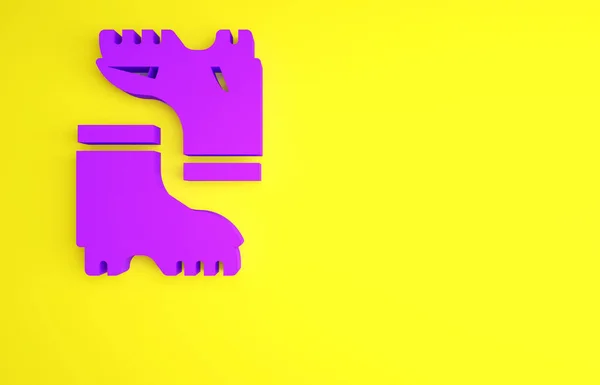 Icono de bota de goma impermeable púrpura aislado sobre fondo amarillo. Botas de goma para el clima lluvioso, la pesca, la jardinería. Concepto minimalista. 3D ilustración 3D render — Foto de Stock